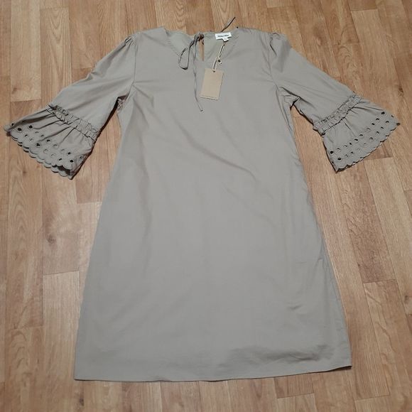 Hidden Alley Taupe 3/4 Sleeve Eyelet Shift Dress - Picture 4 of 10